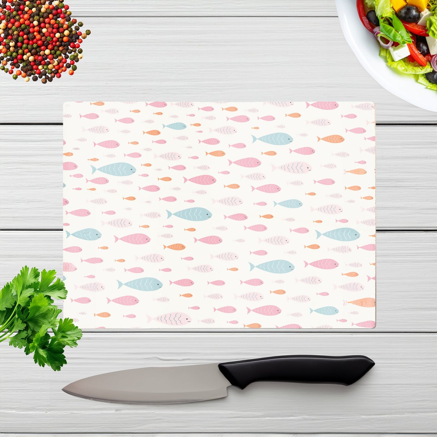 Hand Drawn Swimming Fish Glass Chopping Board