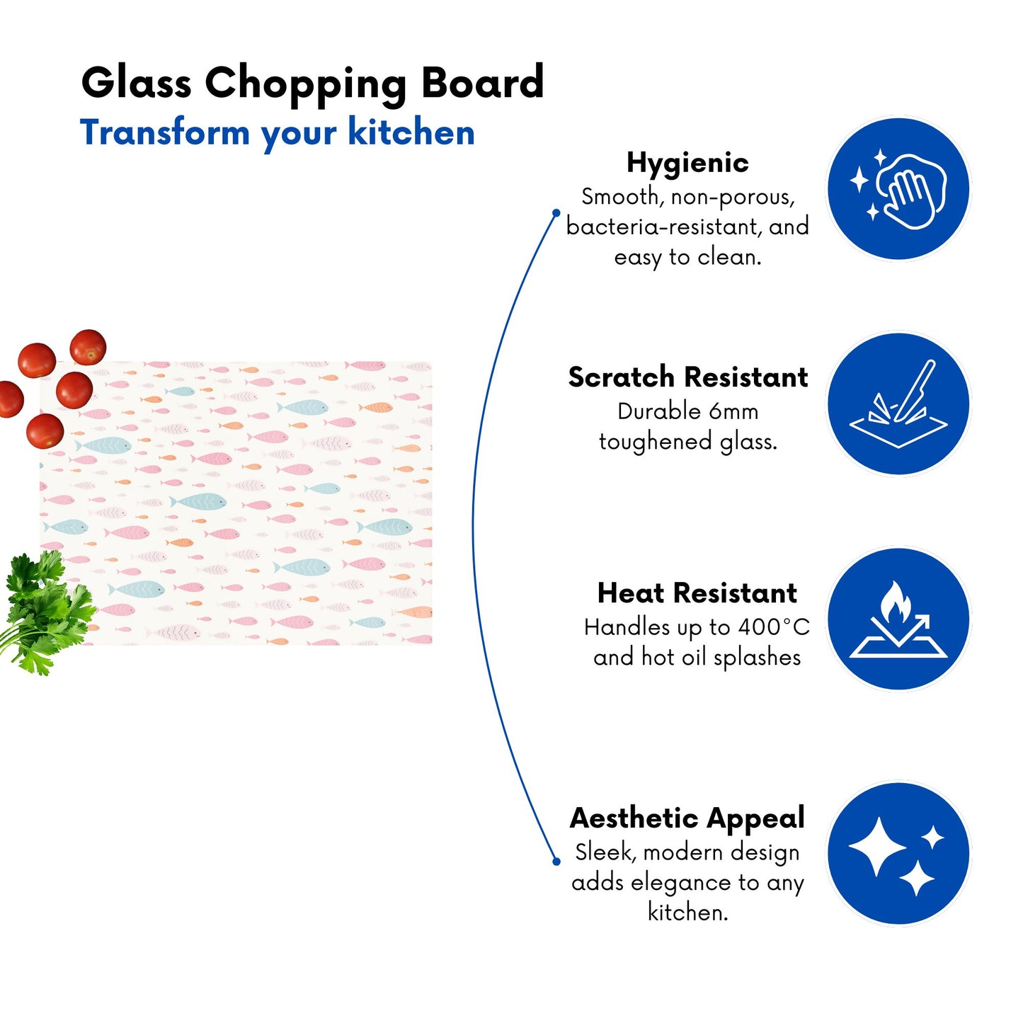 Hand Drawn Swimming Fish Glass Chopping Board