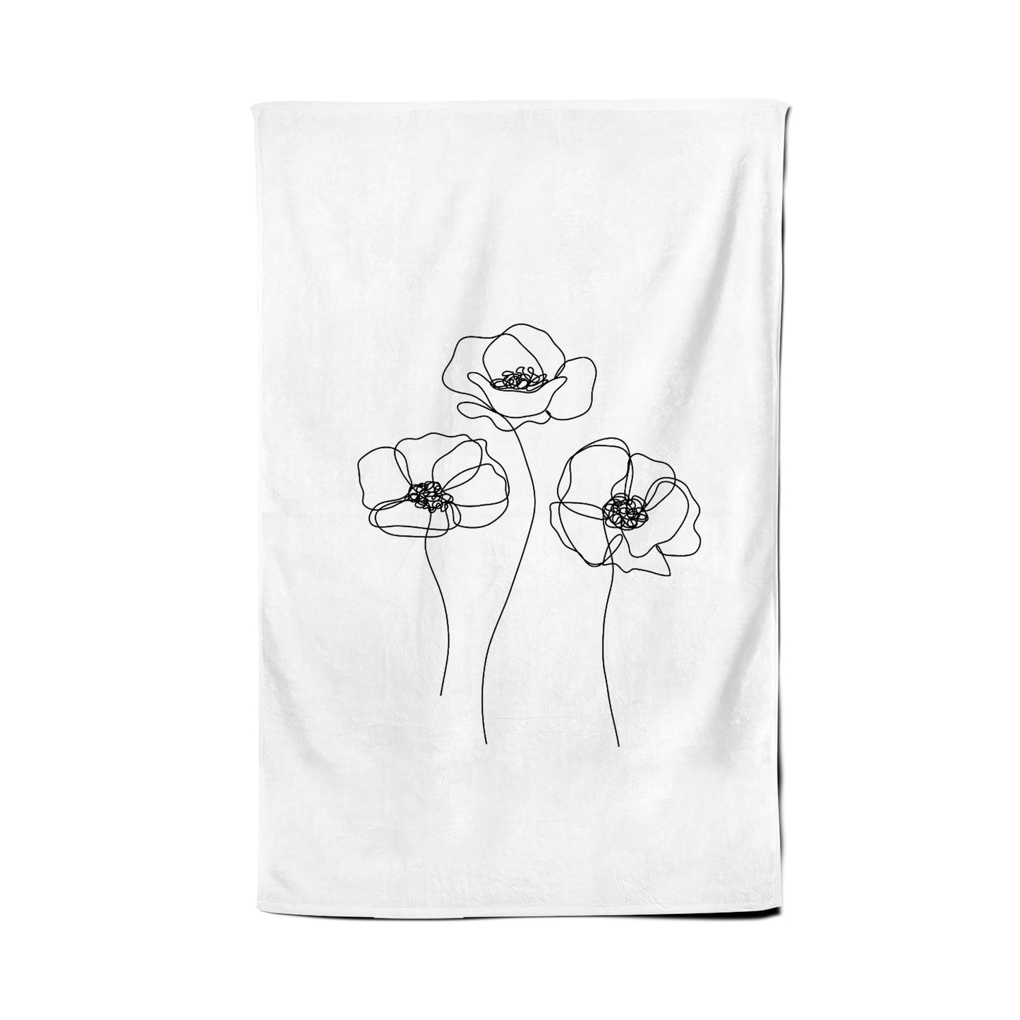 Monochrome Line Drawn Poppies Tea Towel