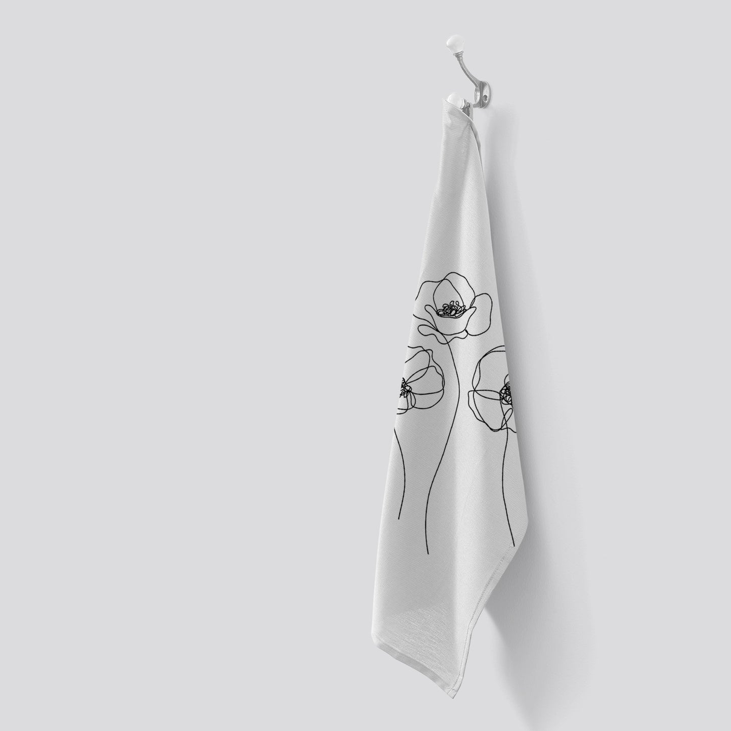 Monochrome Line Drawn Poppies Tea Towel