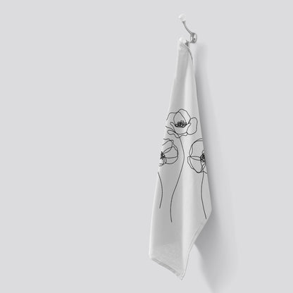 Monochrome Line Drawn Poppies Tea Towel