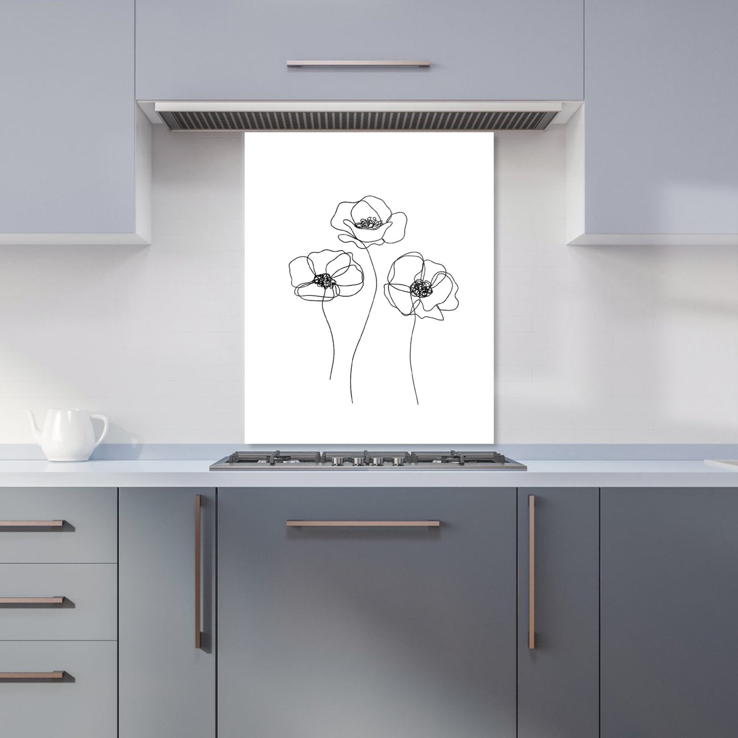 Monochrome Line Drawn Poppies Kitchen Splashback