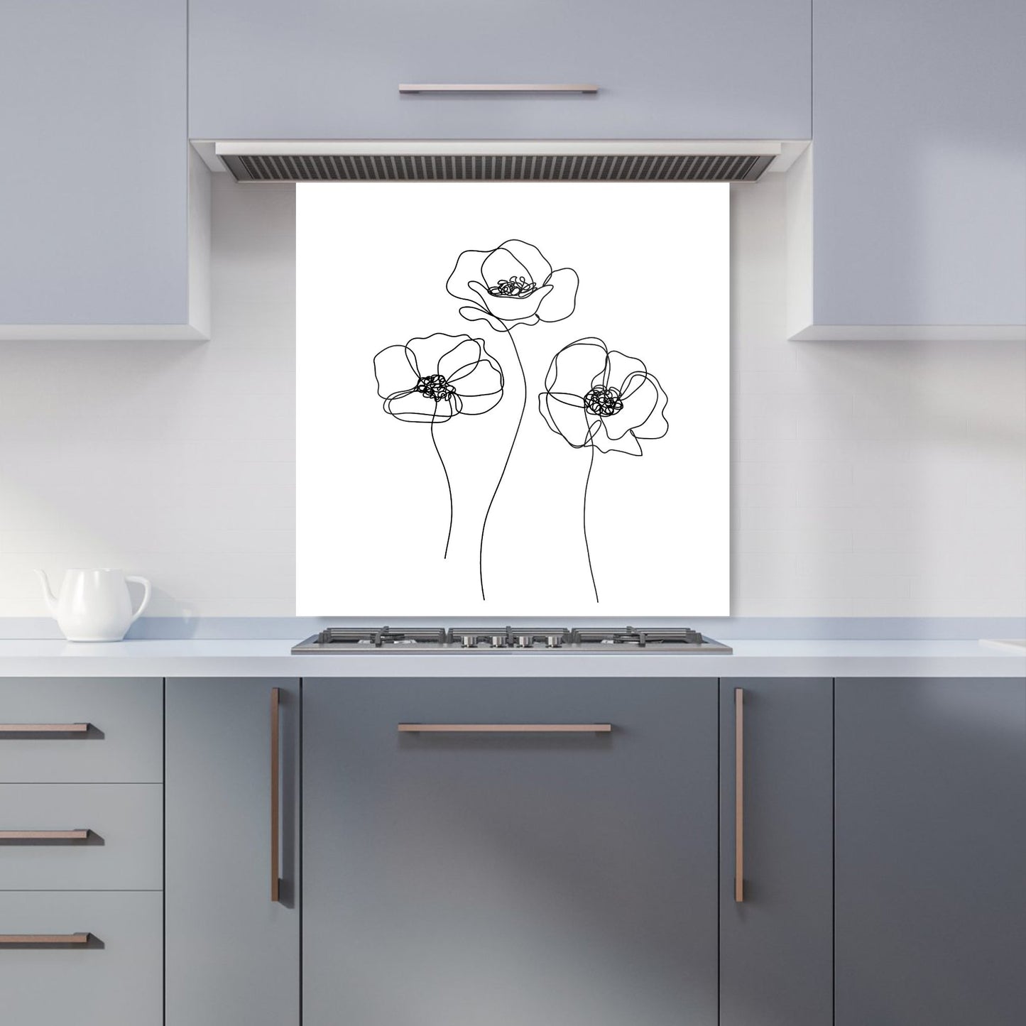 Monochrome Line Drawn Poppies Kitchen Splashback