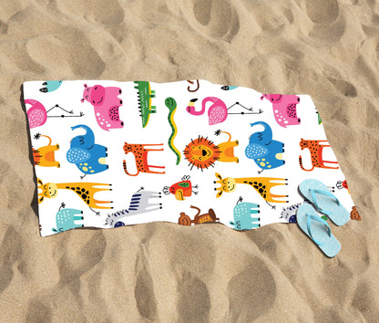 Hand Drawn Cartoon Animals Beach Towel