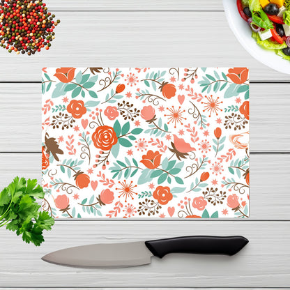 Orange Floral Pattern Glass Chopping Board