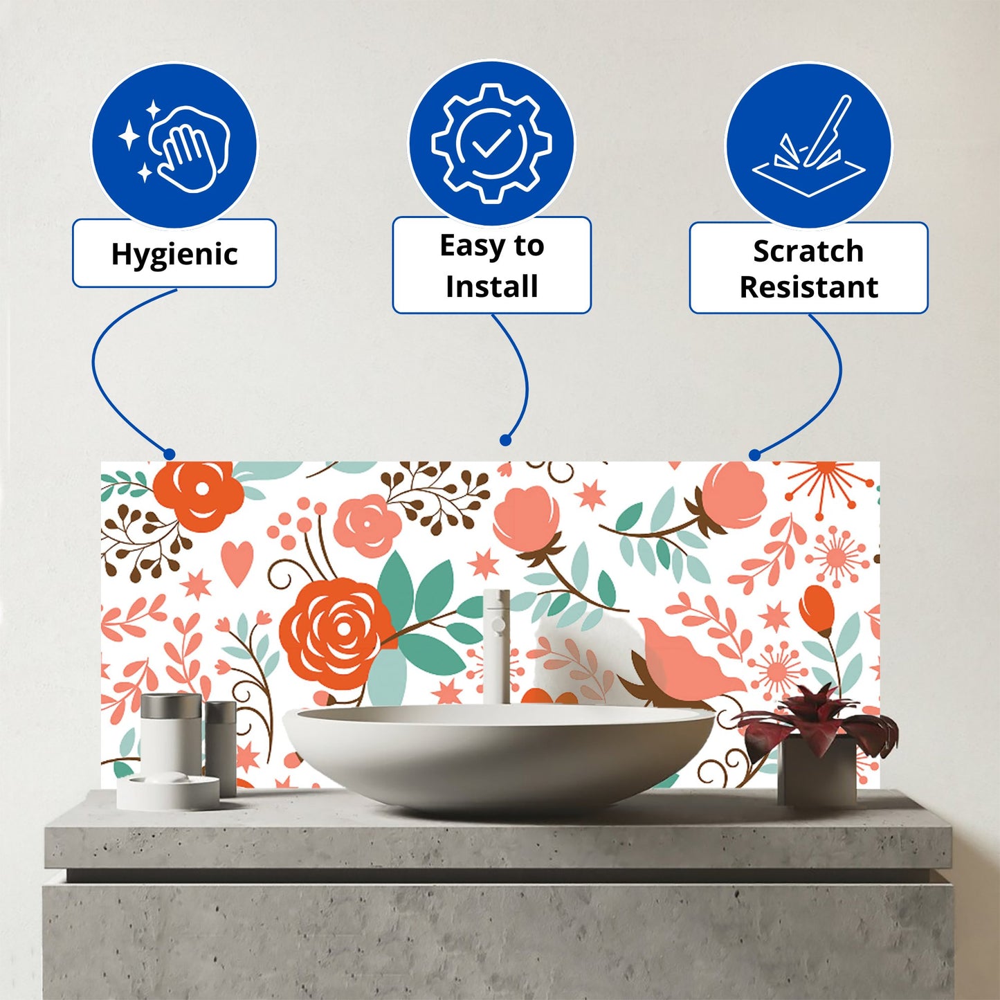 Orange Floral Pattern Glass Bathroom Splashback
