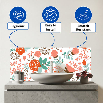 Orange Floral Pattern Glass Bathroom Splashback