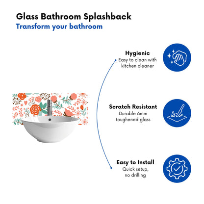 Orange Floral Pattern Glass Bathroom Splashback