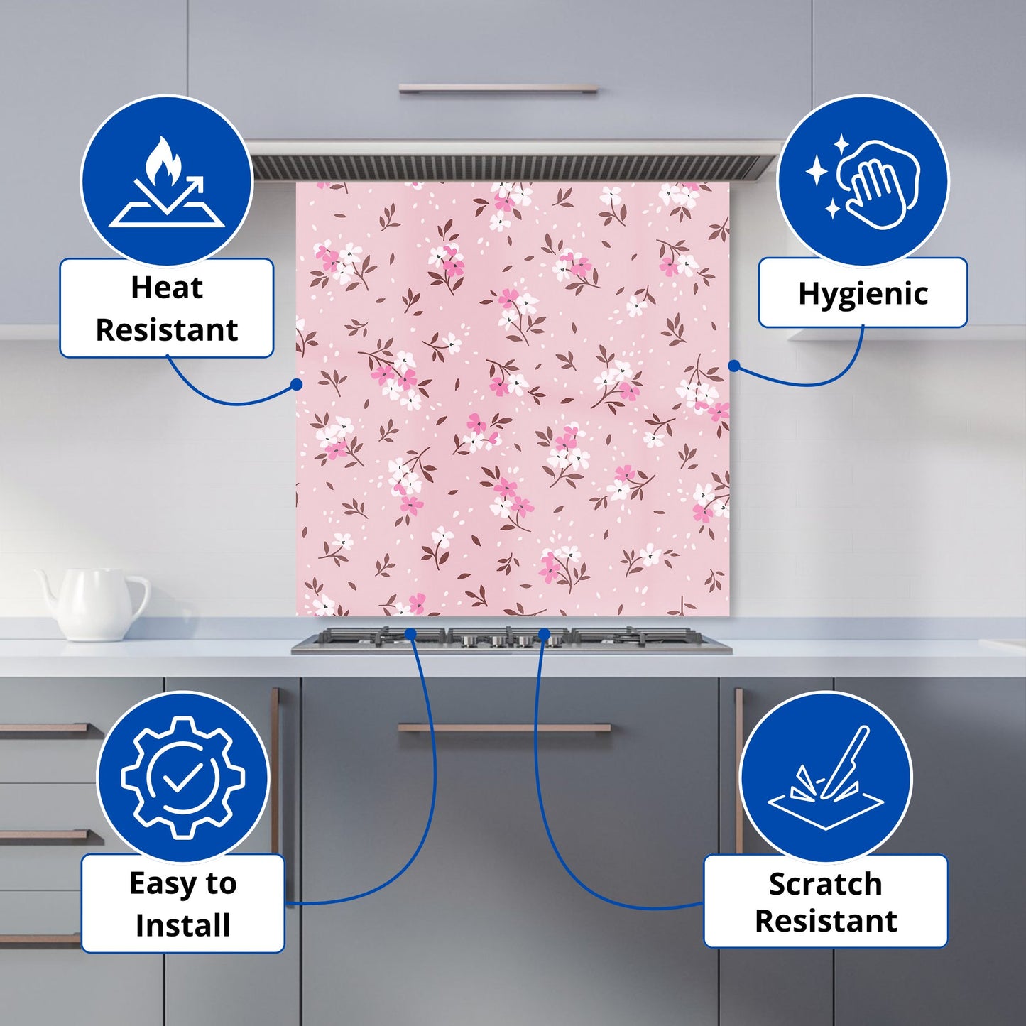 Pretty Pink Flower Pattern Kitchen Splashback