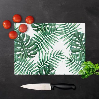 Watercolour Tropical Leaves Glass Chopping Board
