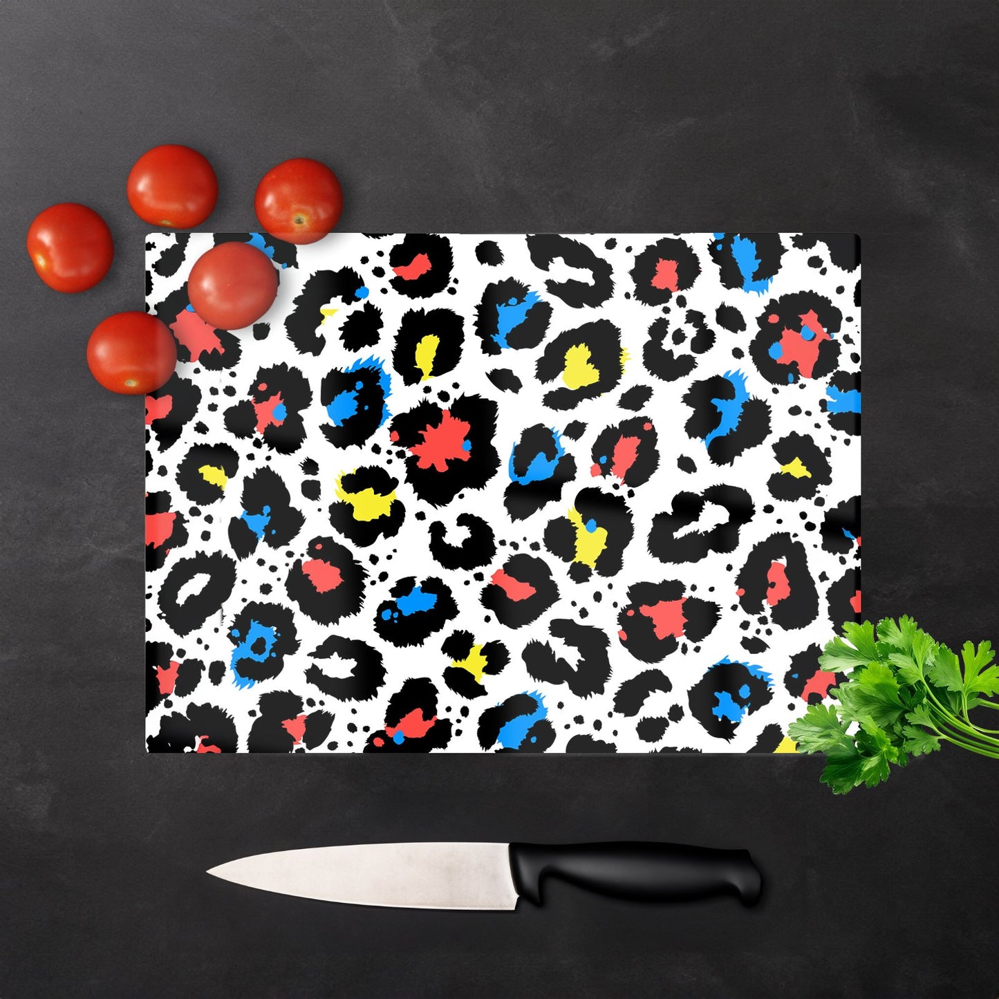 Coloured Leopard Print Glass Chopping Board