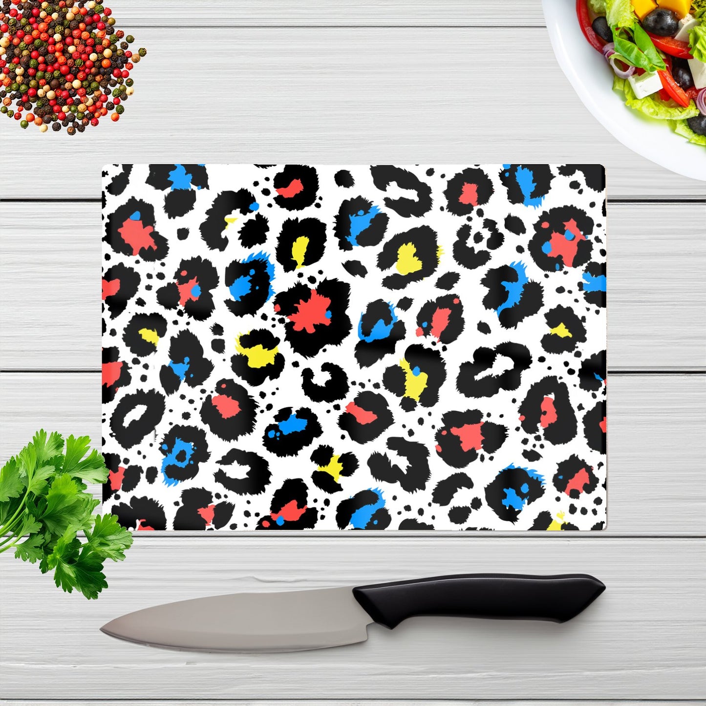 Coloured Leopard Print Glass Chopping Board