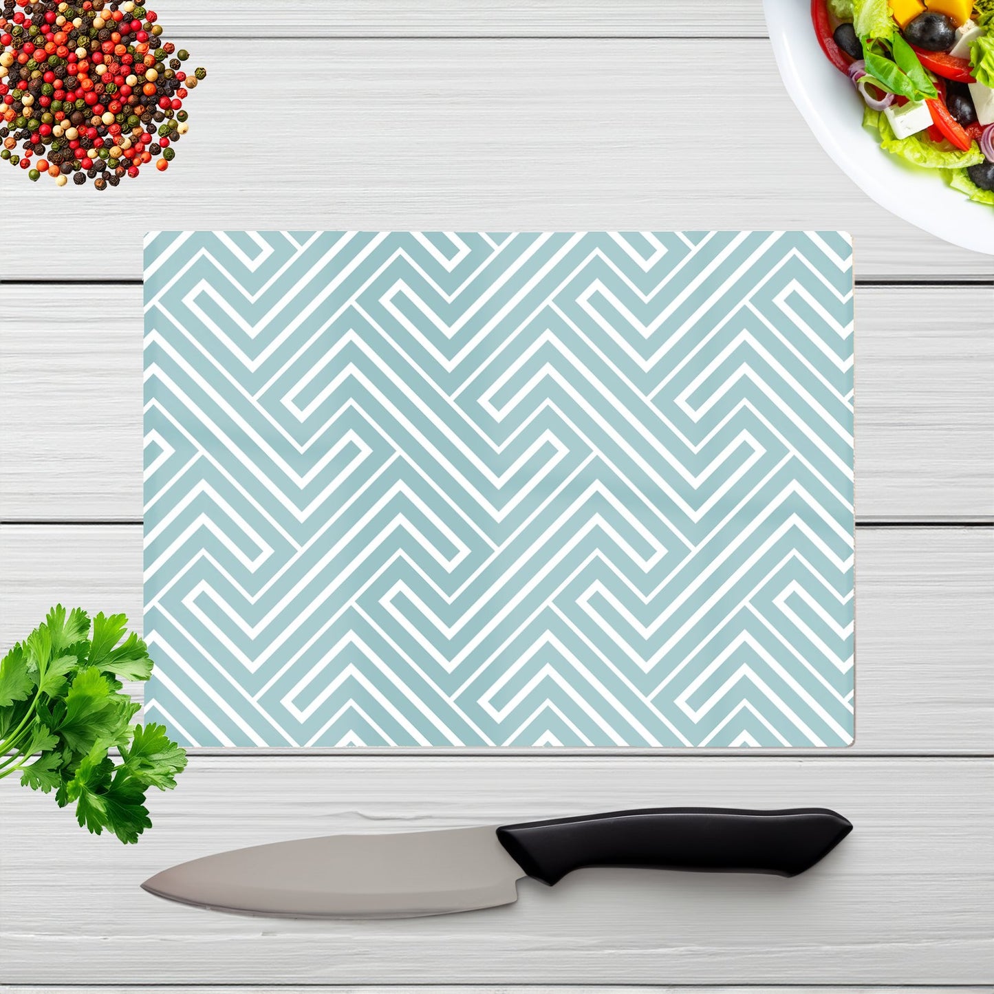Blue And White Geometric Pattern Glass Chopping Board