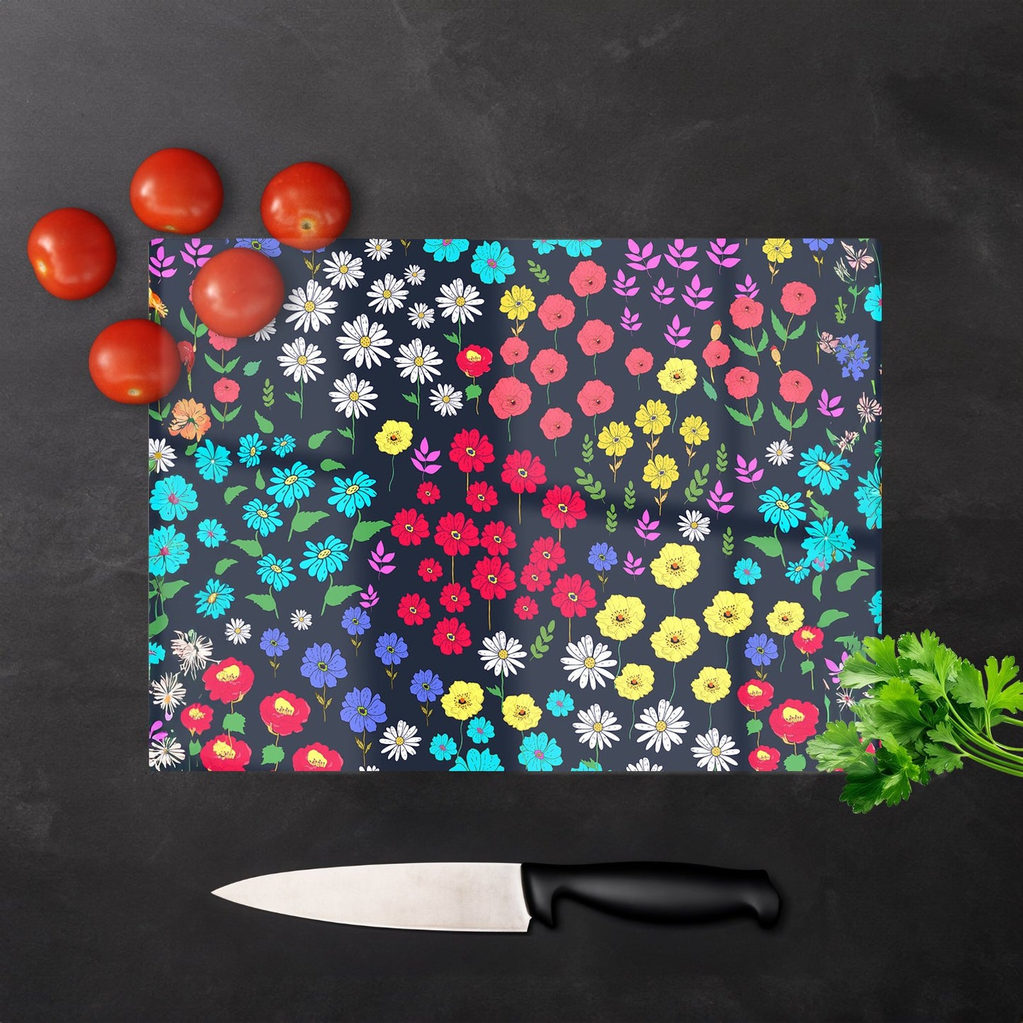Multicoloured Flower Pattern Glass Chopping Board
