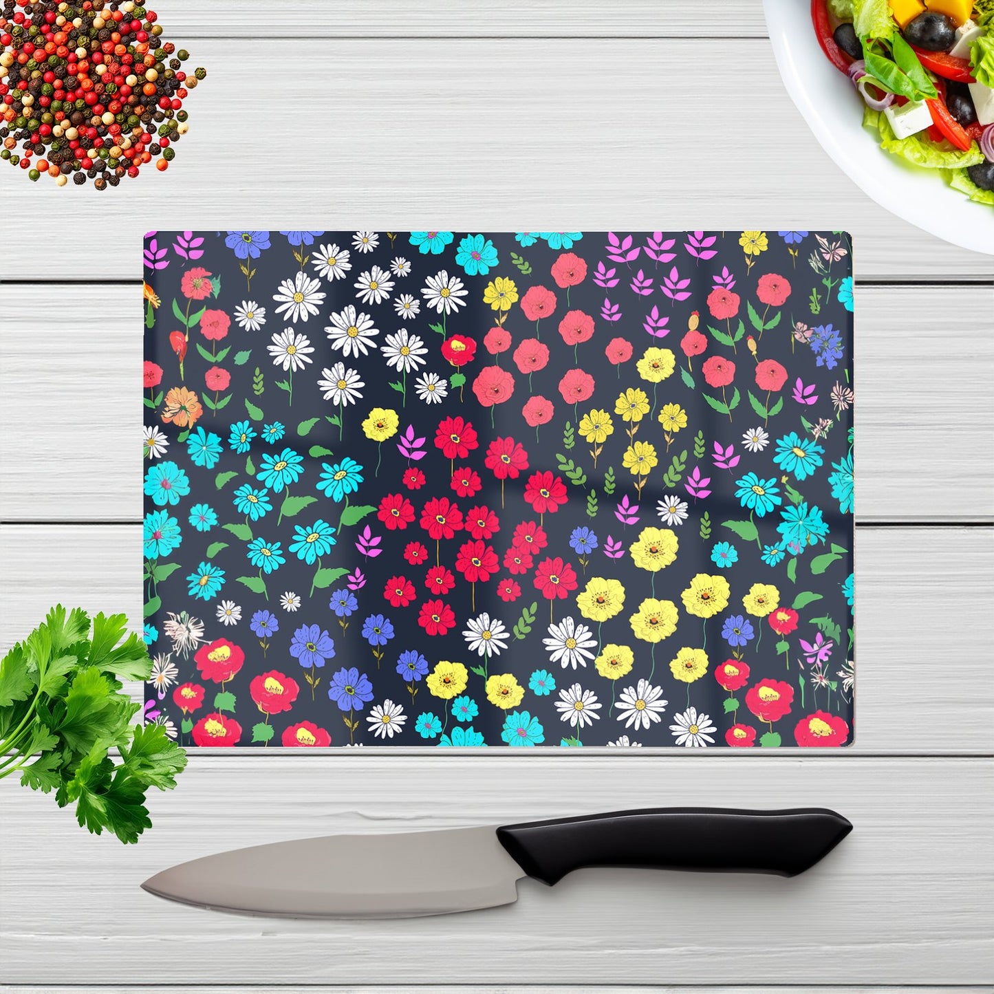 Multicoloured Flower Pattern Glass Chopping Board