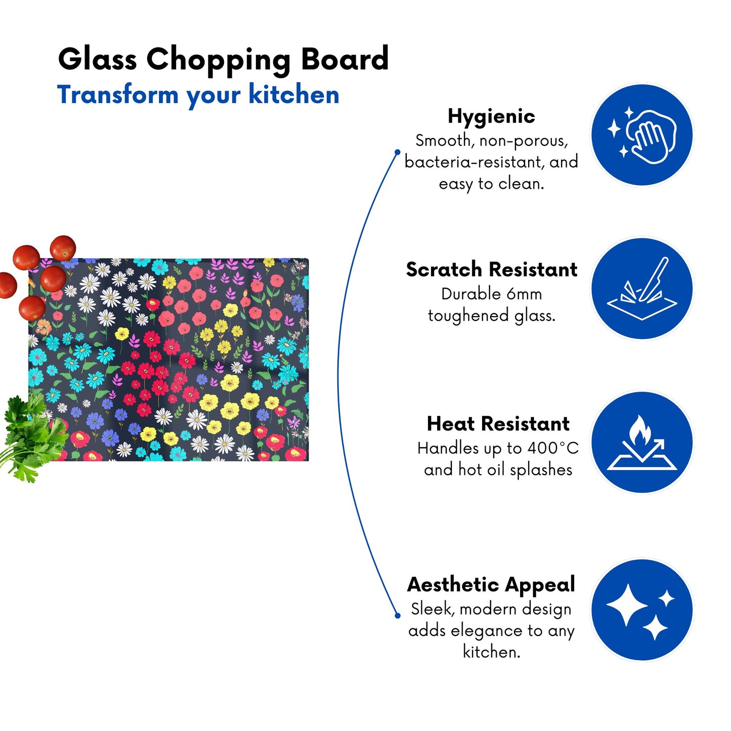 Multicoloured Flower Pattern Glass Chopping Board