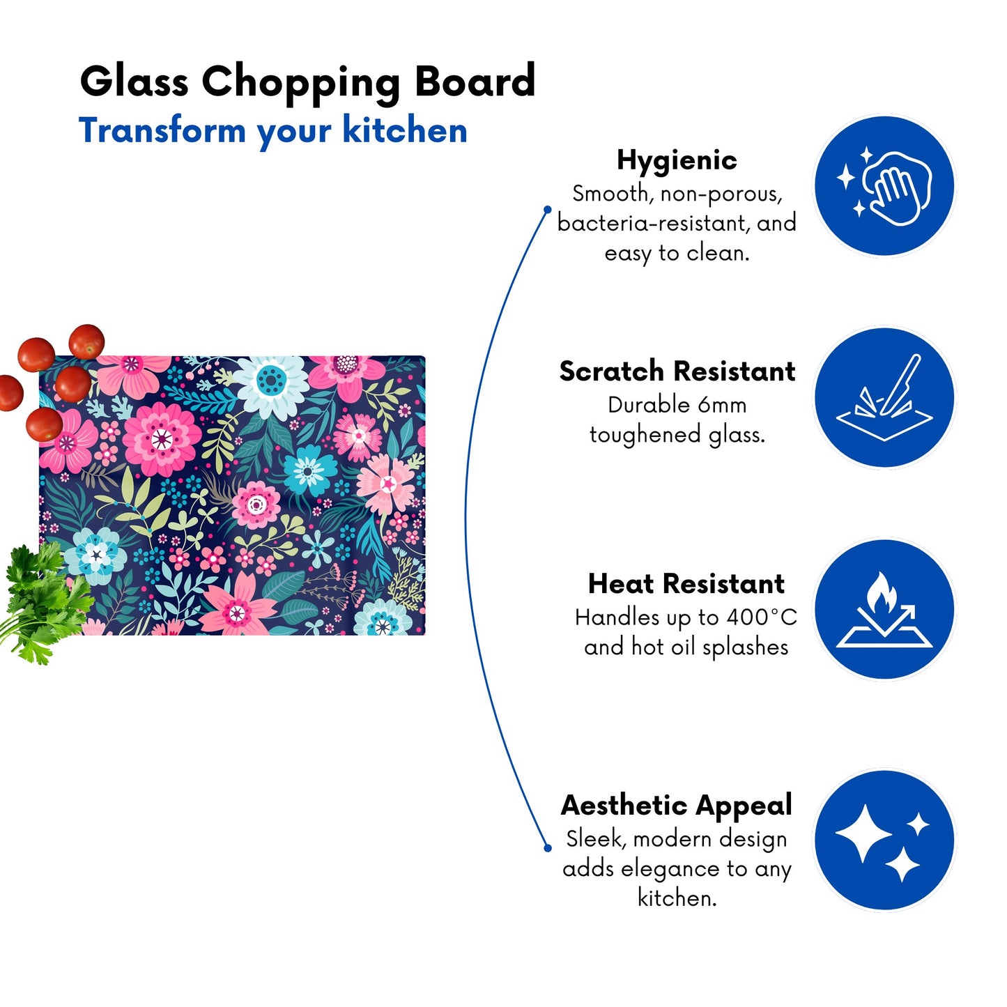Cute Colourful Flower Pattern Glass Chopping Board