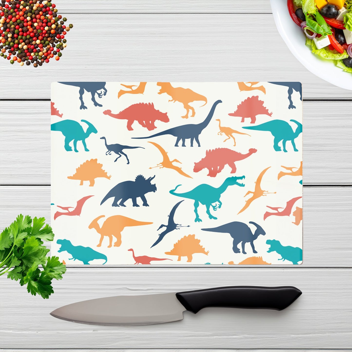 Multicoloured Dinosaurs Glass Chopping Board