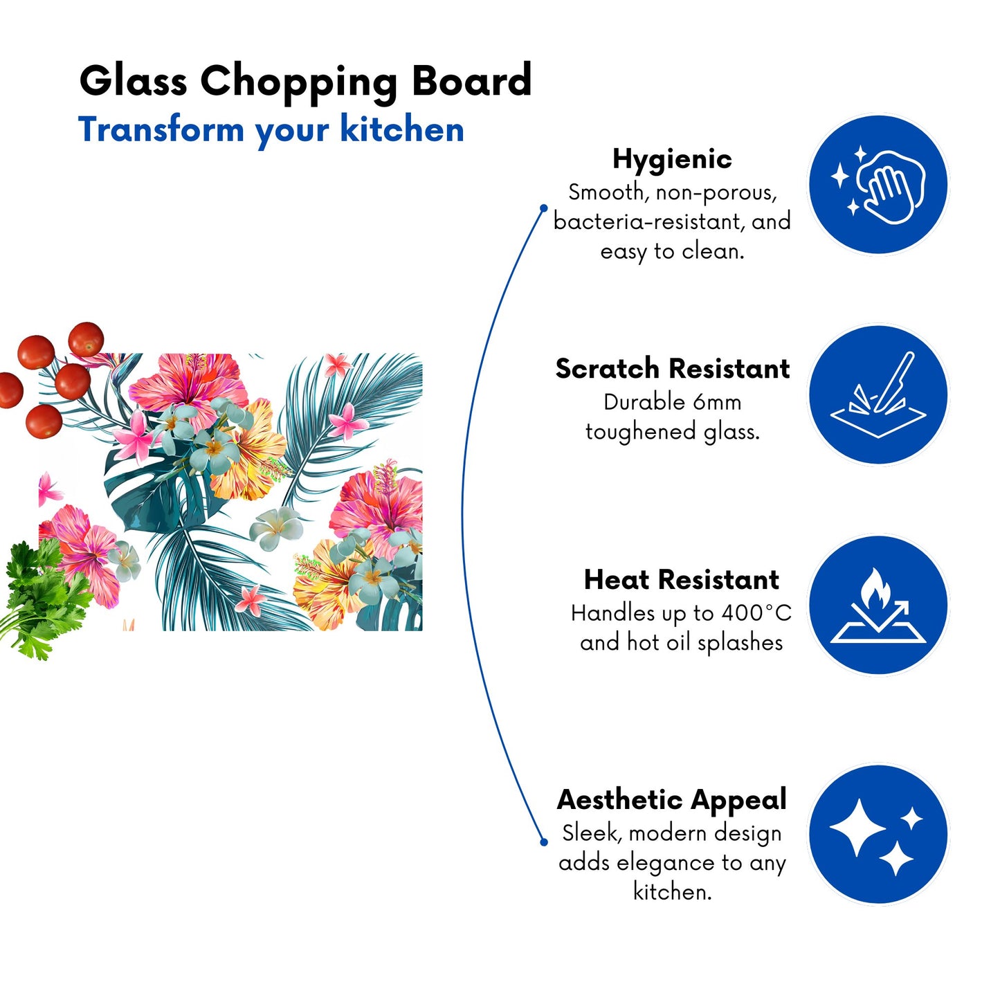 Spring Summer Flowers Glass Chopping Board