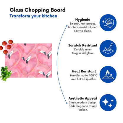 Watercolour Flamingo Hearts Glass Chopping Board