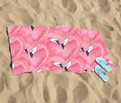 Watercolour Flamingo Hearts Beach Towel