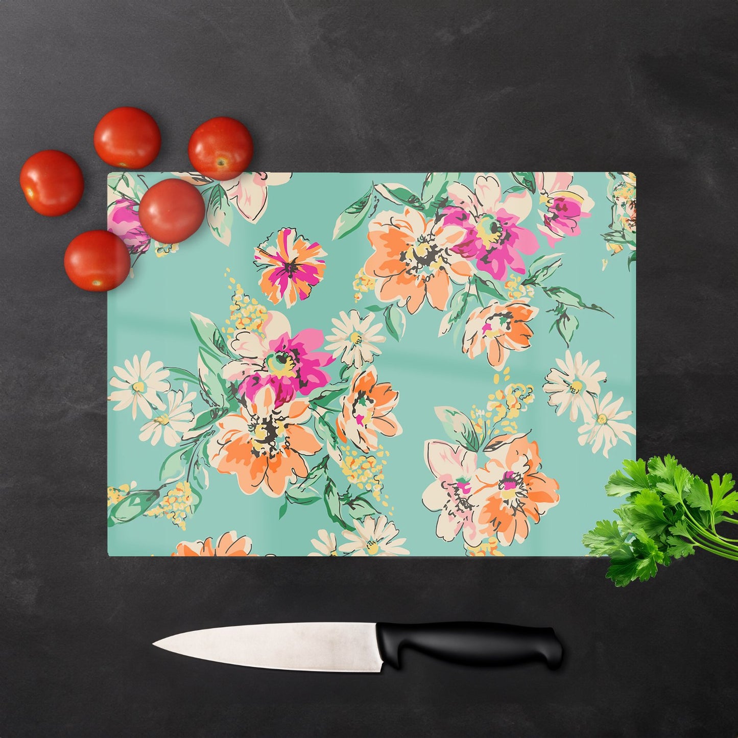 Bright Flower Sketch Glass Chopping Board