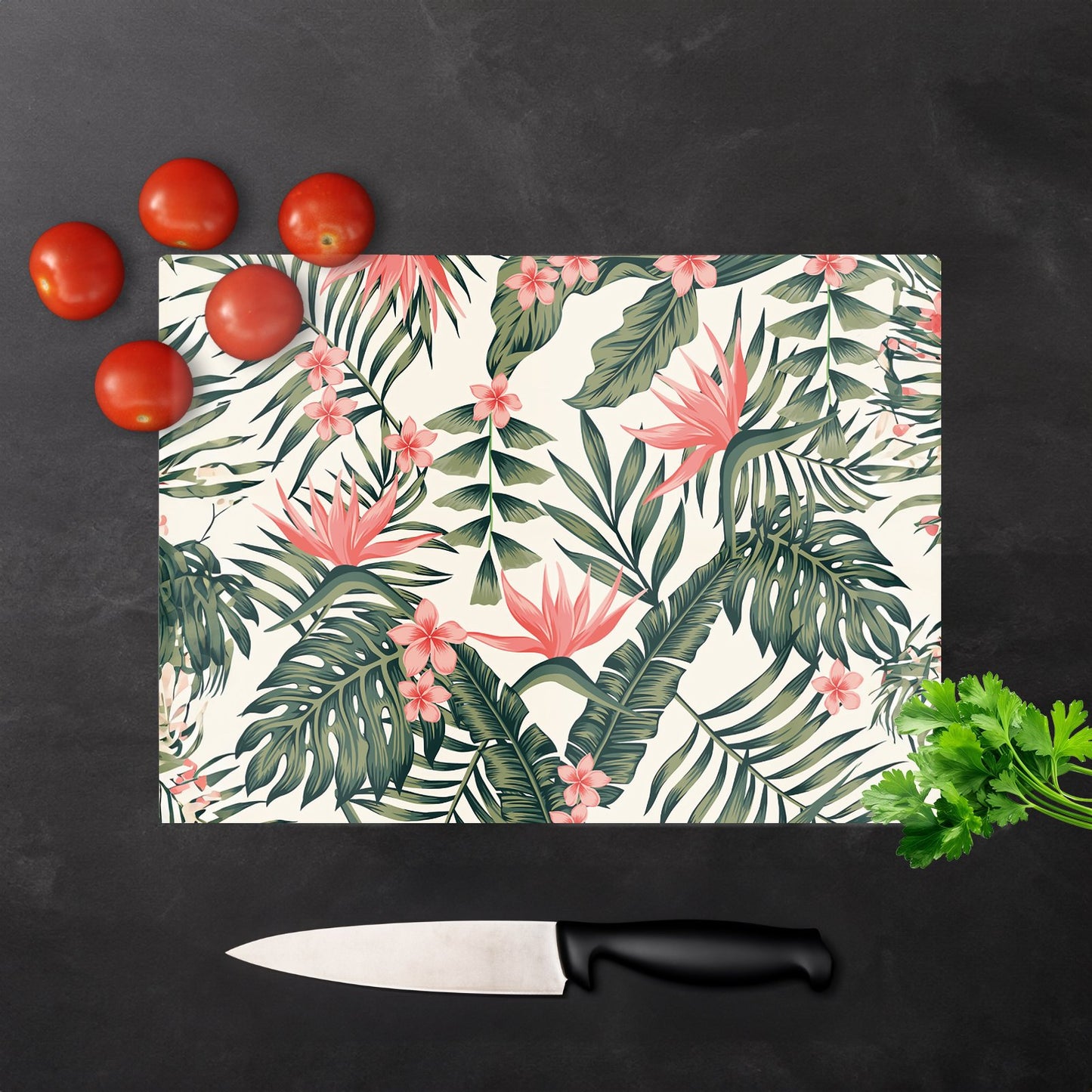 Dark Tropical Green Leaves Glass Chopping Board
