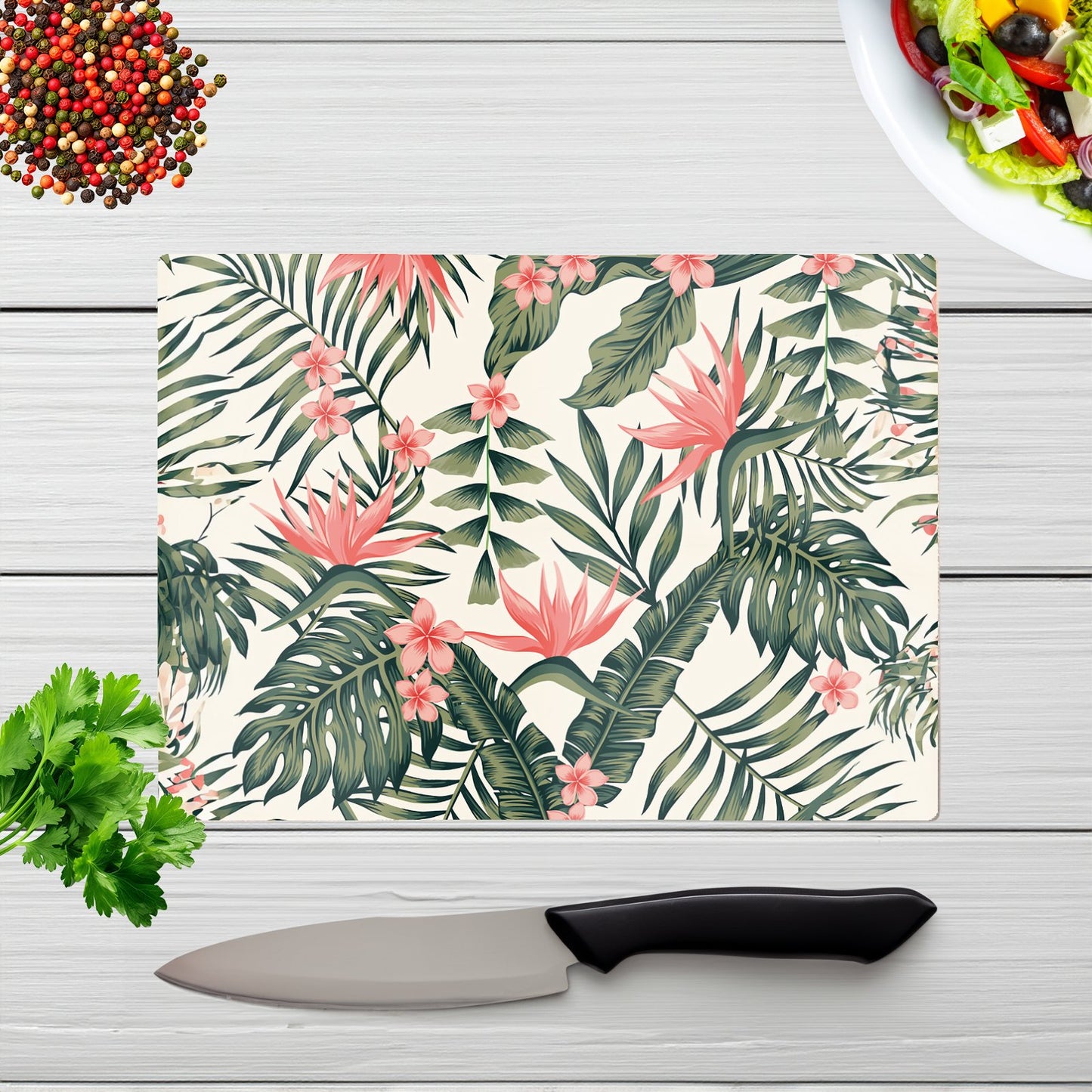 Dark Tropical Green Leaves Glass Chopping Board