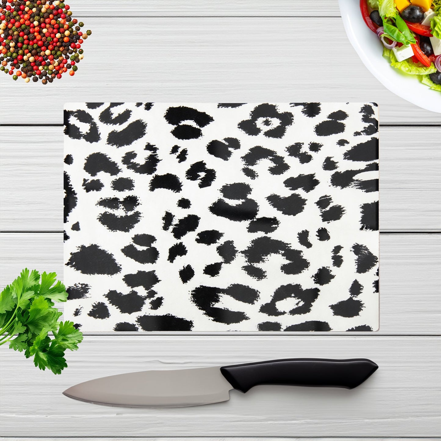 Black Leopard Print Glass Chopping Board