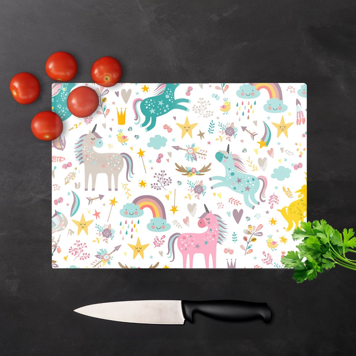 Unicorn And Rainbows Glass Chopping Board