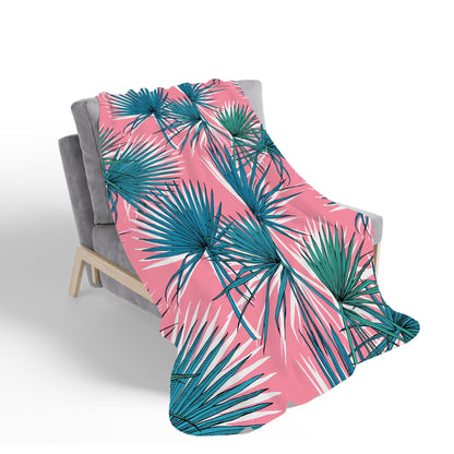 Pink Green Fan Palms Sherpa Blanket