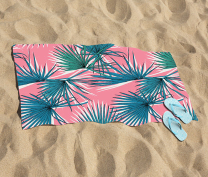 Pink Green Fan Palms Beach Towel