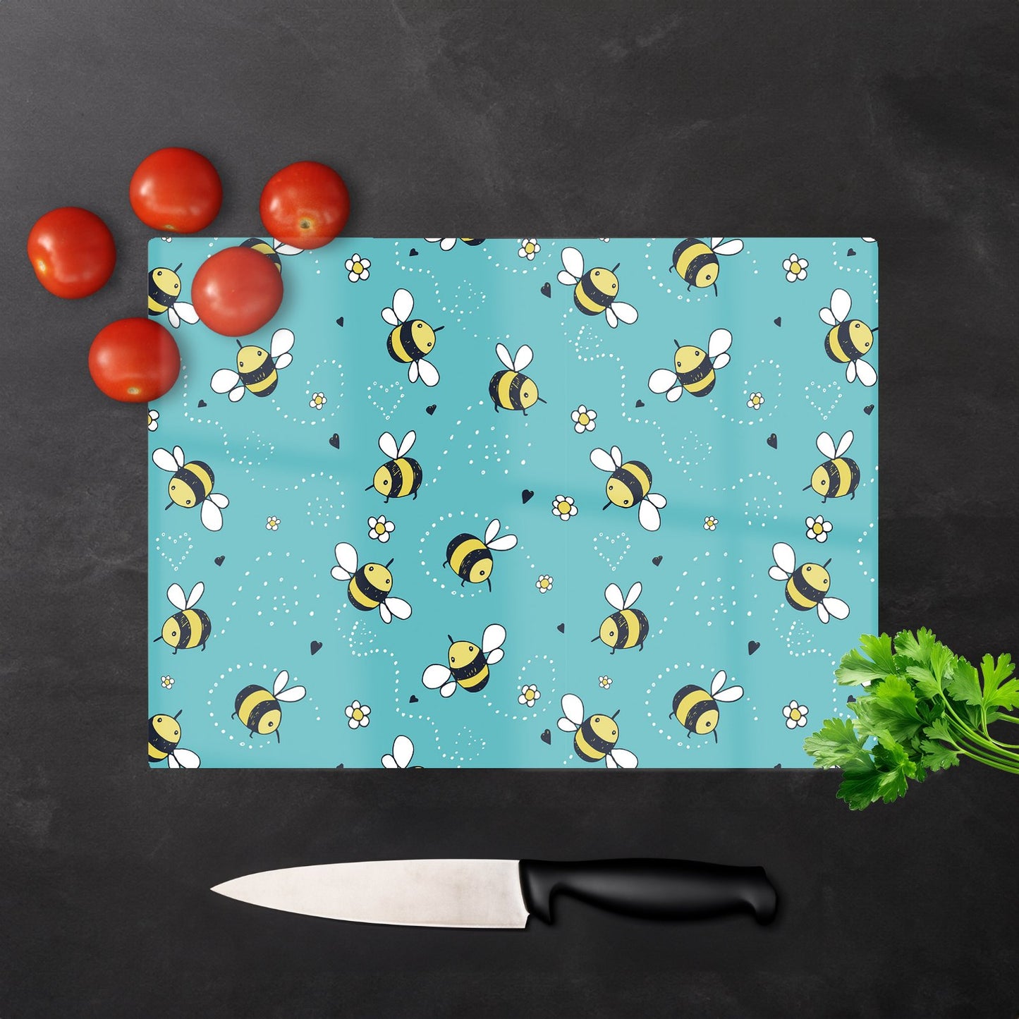 Hand Drawn Busy Bees Glass Chopping Board