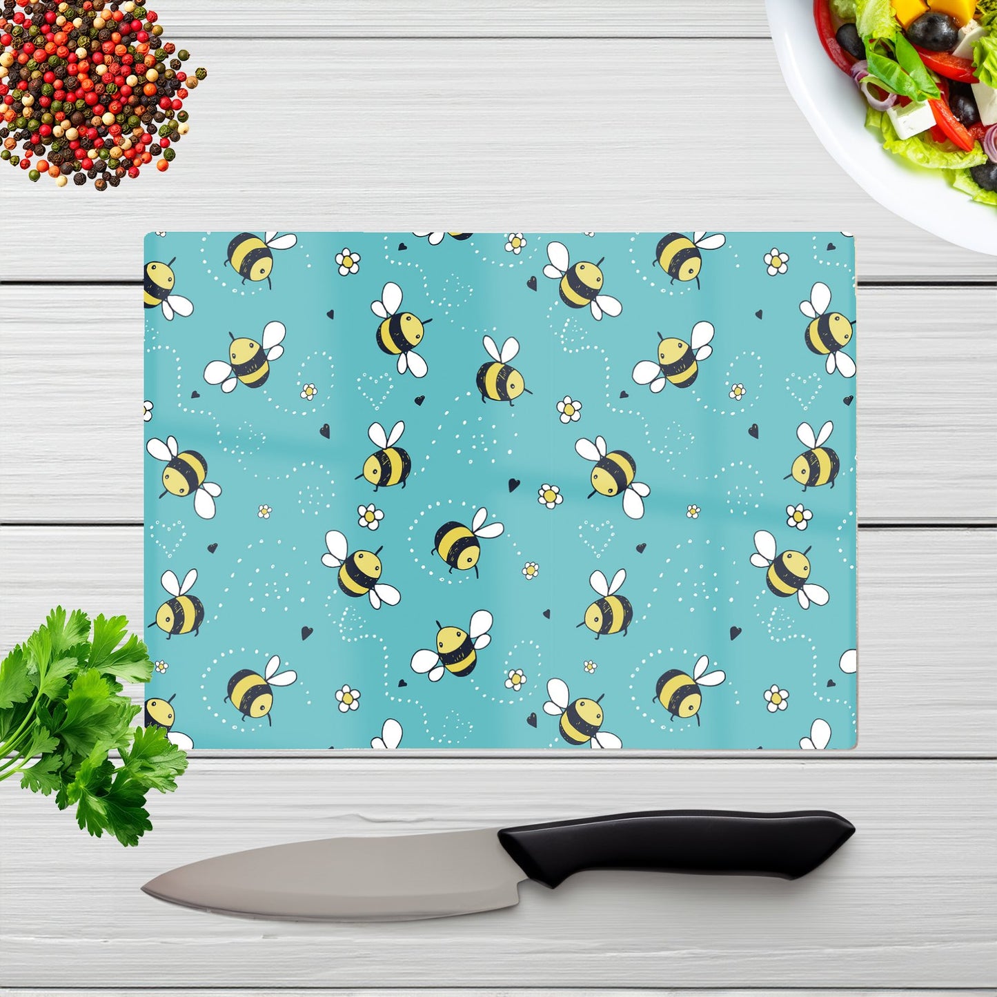 Hand Drawn Busy Bees Glass Chopping Board