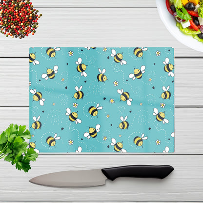 Hand Drawn Busy Bees Glass Chopping Board