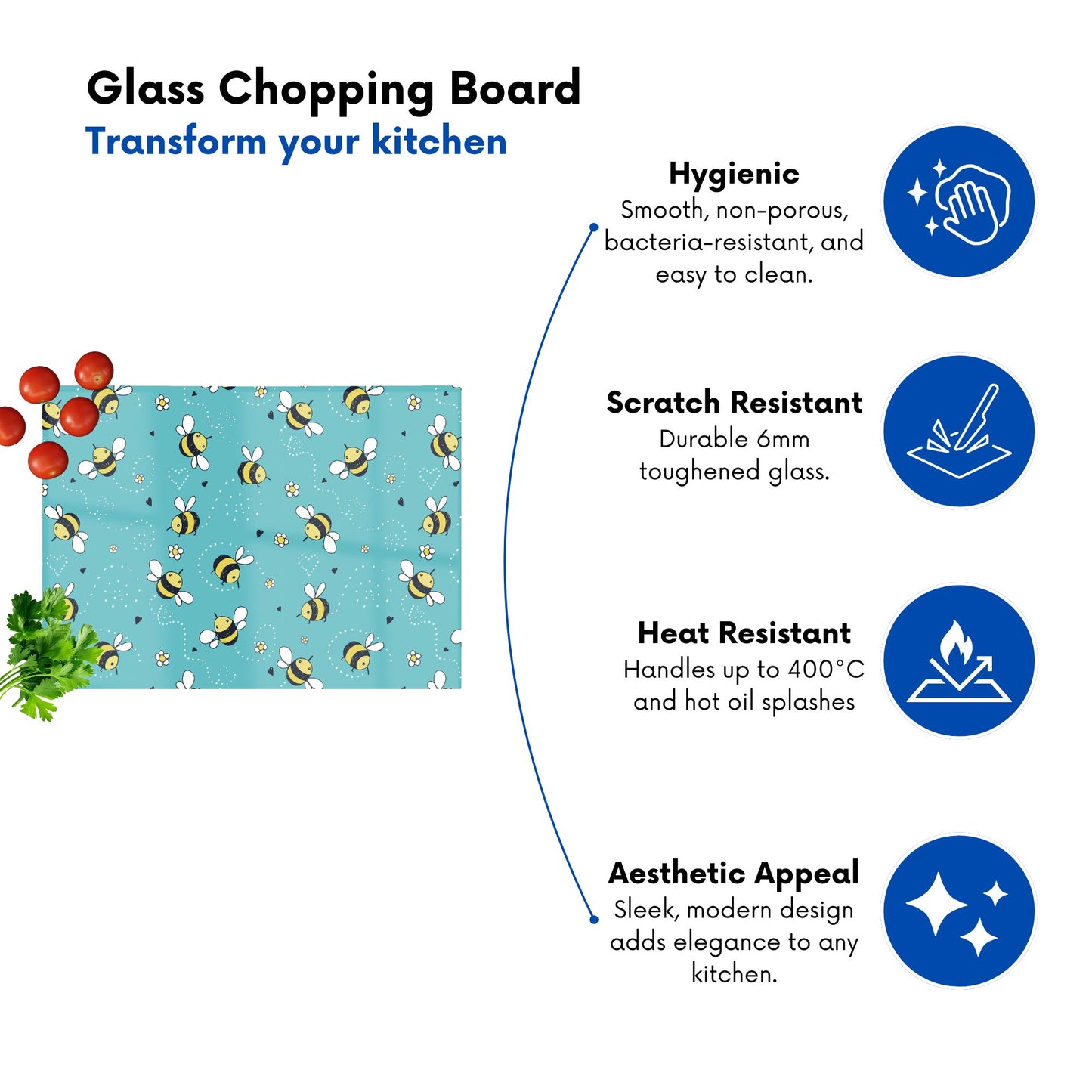 Hand Drawn Busy Bees Glass Chopping Board