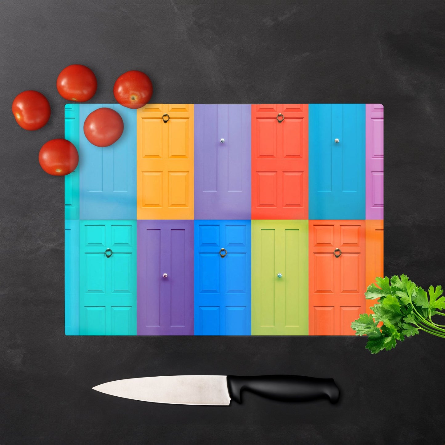 Colourful English Doors Glass Chopping Board