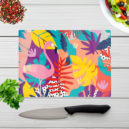 Tropical Flamingoes Glass Chopping Board