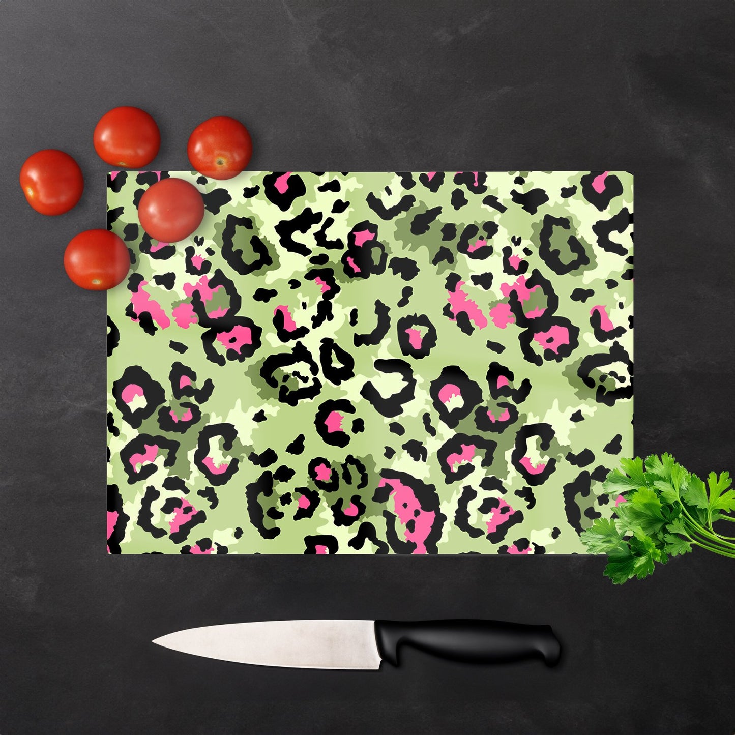 Green And Pink Leopard Print Glass Chopping Board
