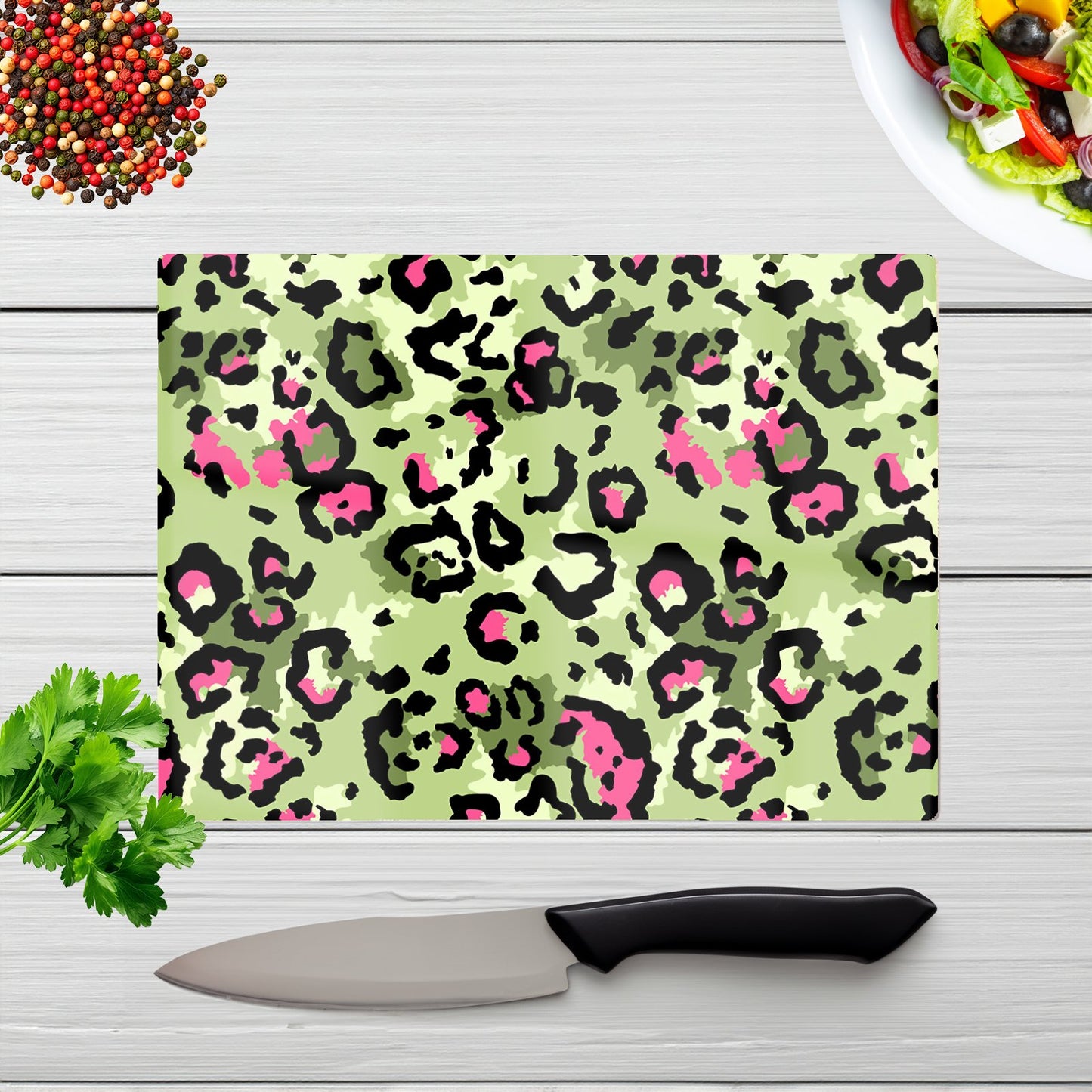 Green And Pink Leopard Print Glass Chopping Board