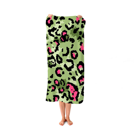 Green And Pink Leopard Print Beach Towel