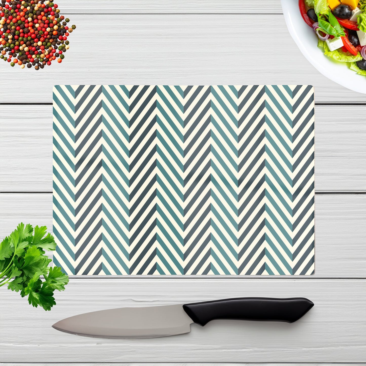 Geometric Herringbone Chevron Blues Glass Chopping Board