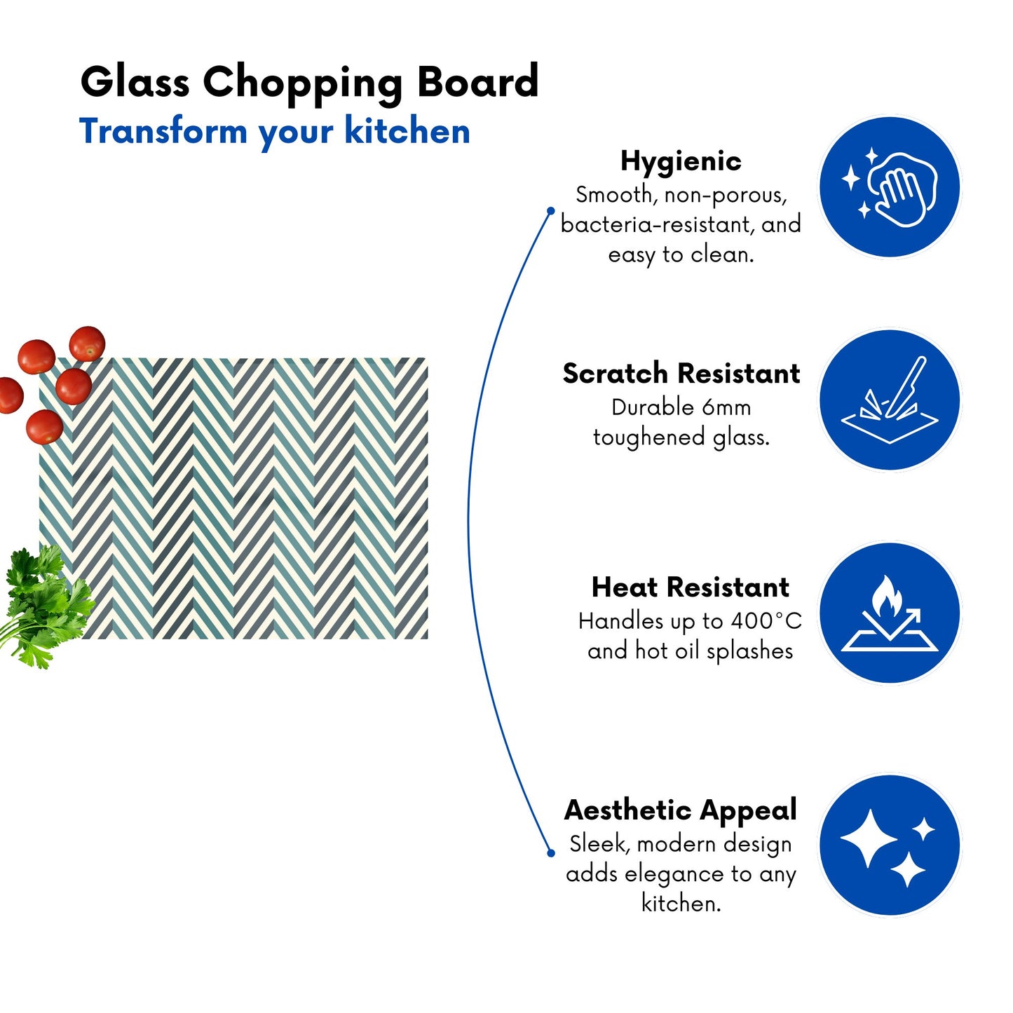 Geometric Herringbone Chevron Blues Glass Chopping Board