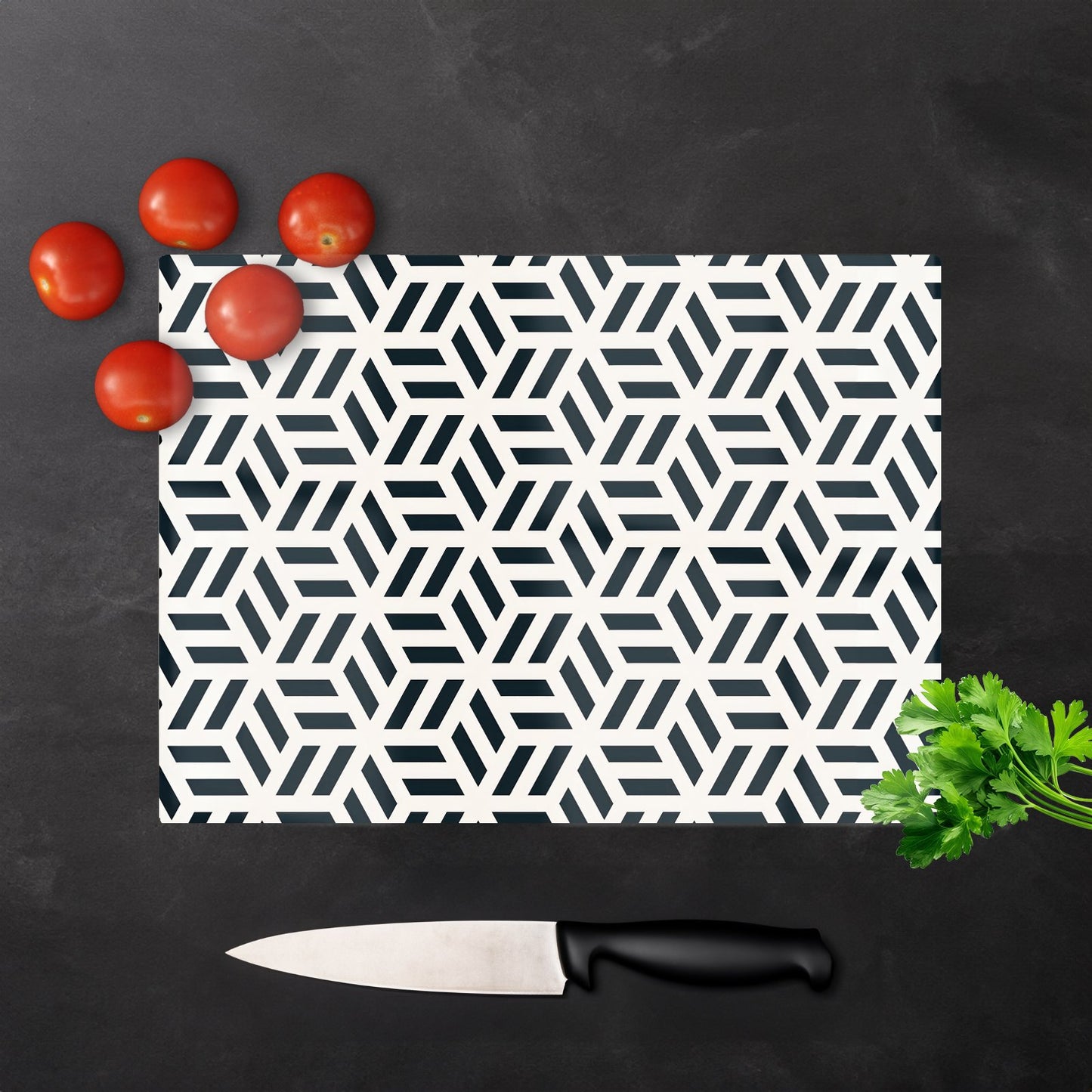 Geometric Monochrome Hexagonal Pattern Glass Chopping Board