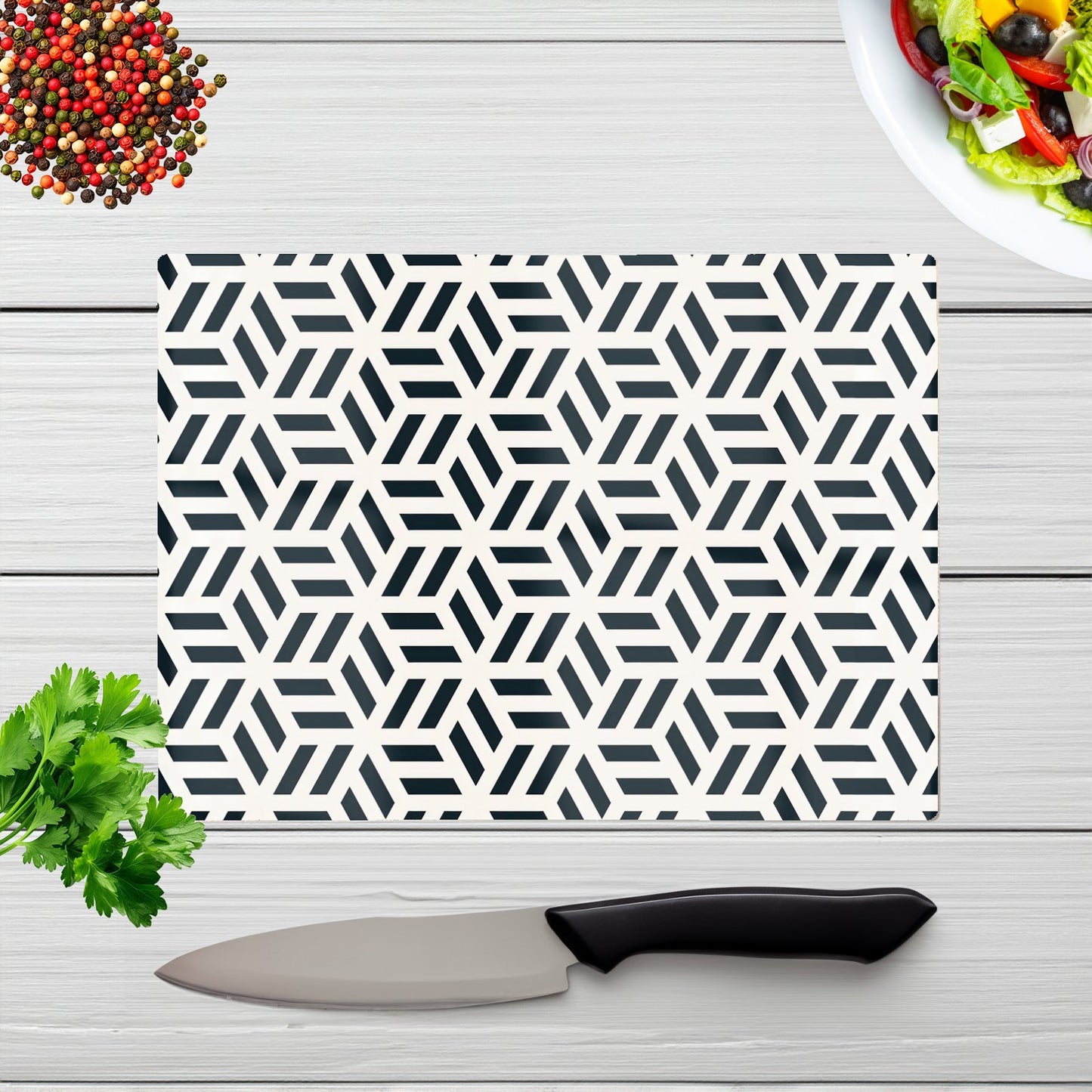 Geometric Monochrome Hexagonal Pattern Glass Chopping Board