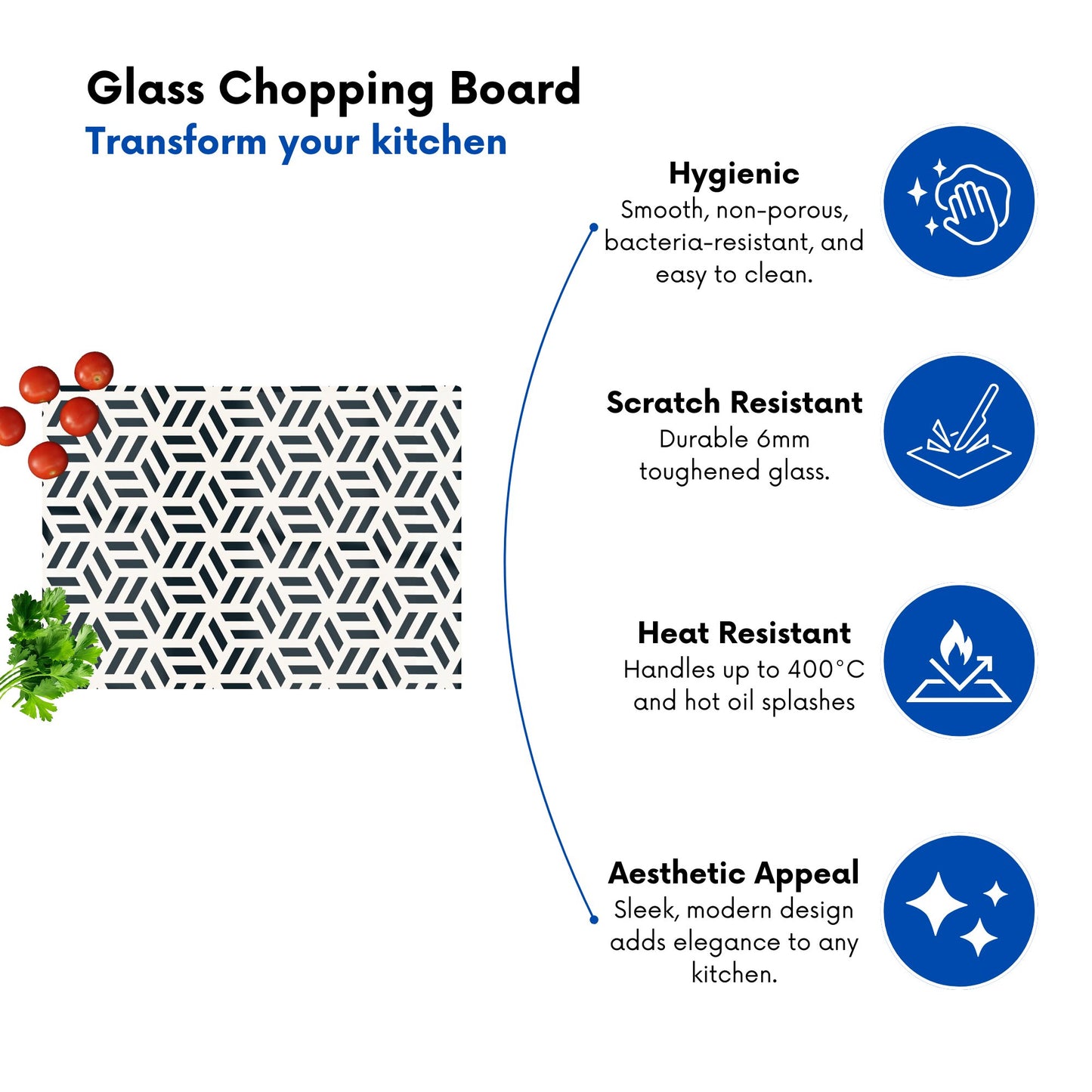 Geometric Monochrome Hexagonal Pattern Glass Chopping Board