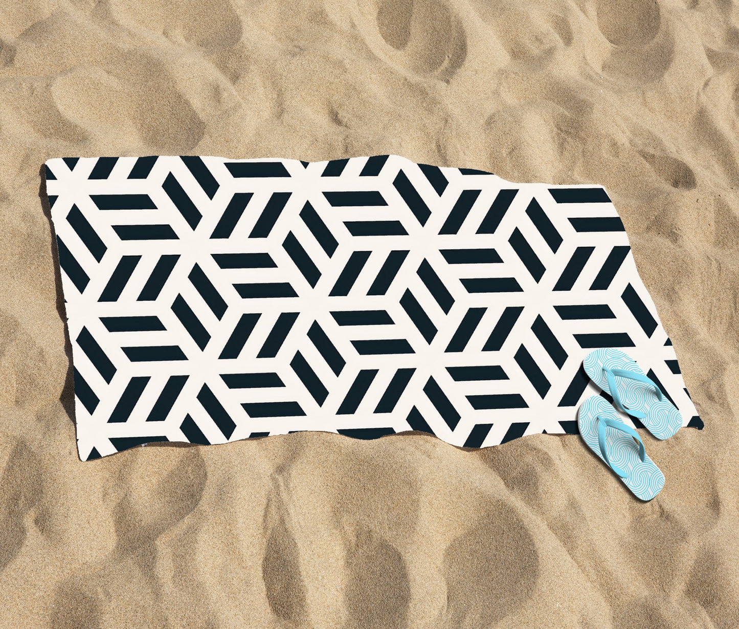 Geometric Monochrome Hexagonal Pattern Beach Towel