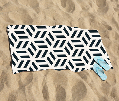 Geometric Monochrome Hexagonal Pattern Beach Towel