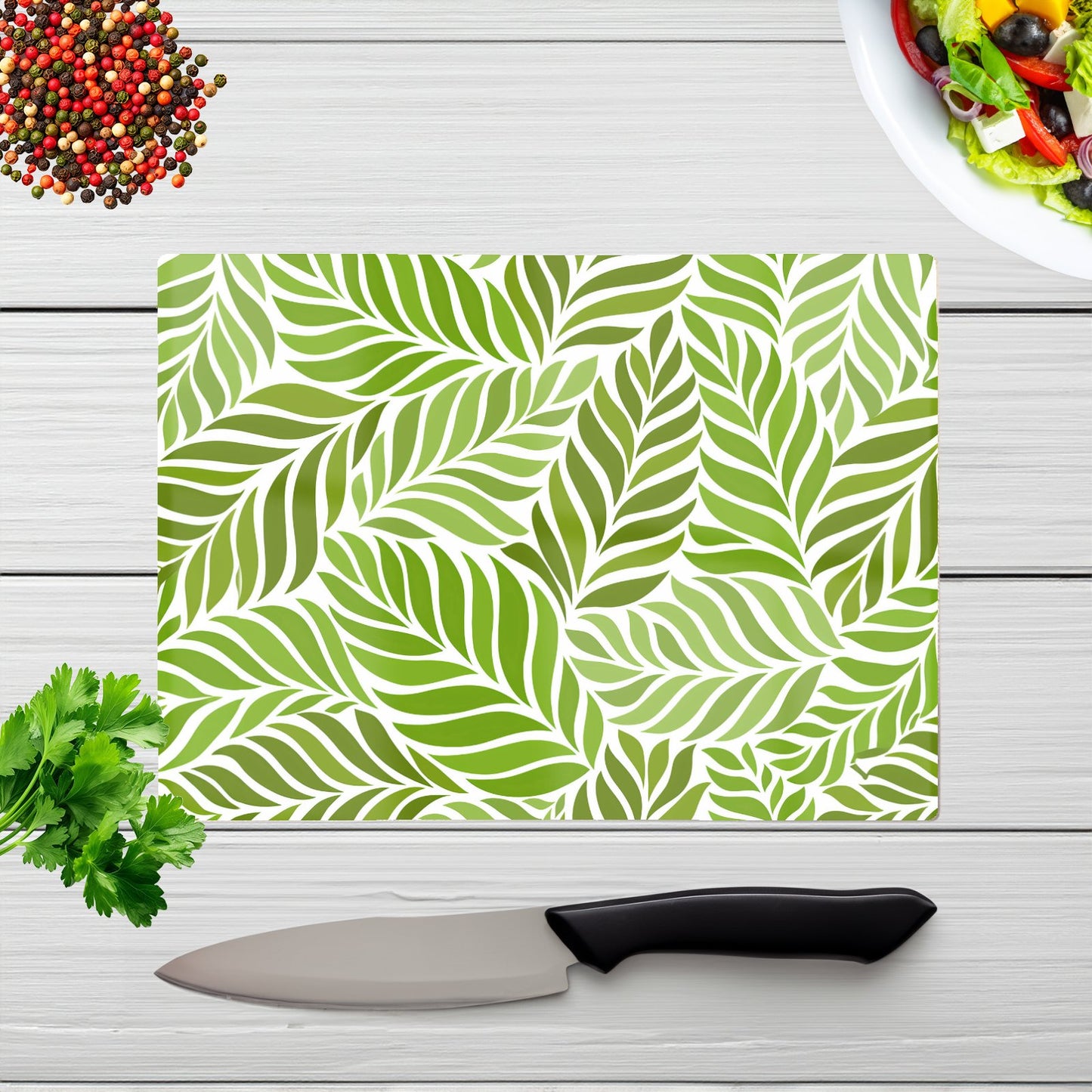 Green Leaf Pattern Glass Chopping Board