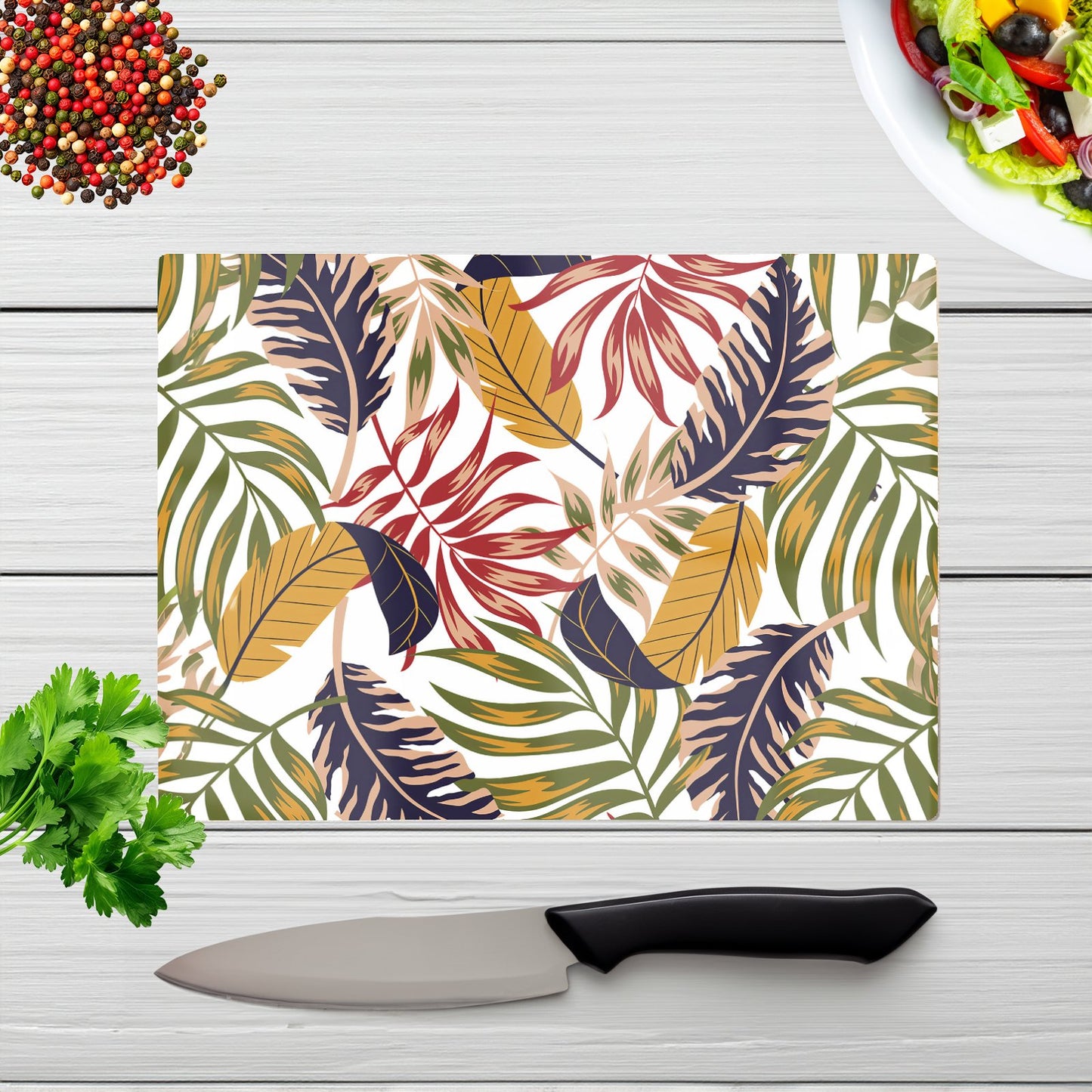Hawaiian Style Jungle Leaves Glass Chopping Board